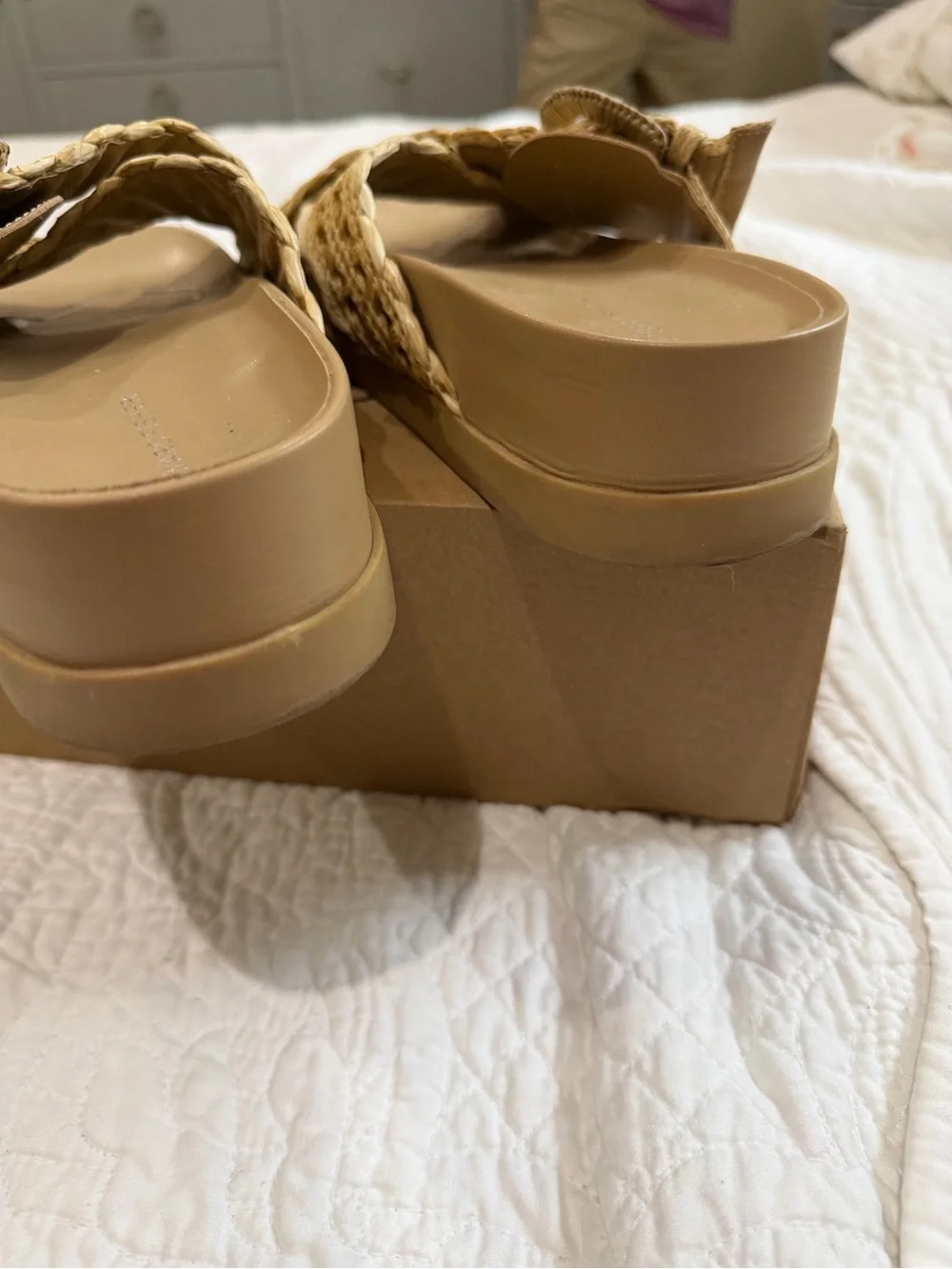 Marc Fisher Woven Raffia Slide Sandals in Tan